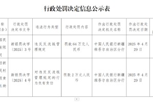 新疆绿洲国民村镇银行因违反反洗钱管理规定被罚64万元